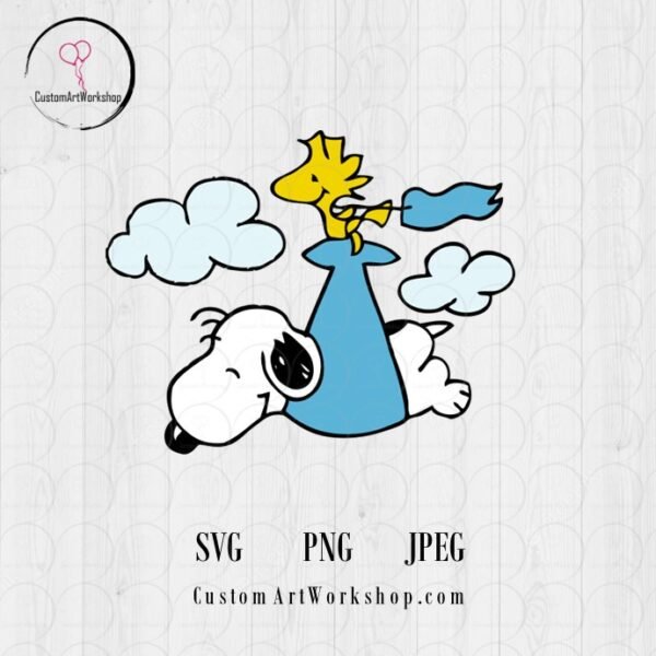 Snoopy and Woodstock Flying, Peanuts - Blue Clipart Instant Download
