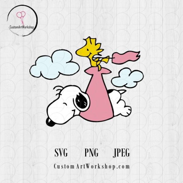 Snoopy and Woodstock Flying, Peanuts - Pink Clipart Instant Download
