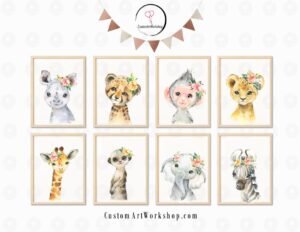Nursery Animals Safari Animals with Flower Wall Art