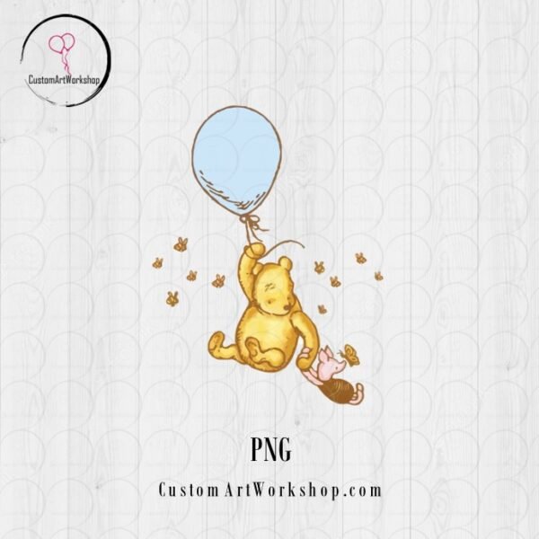 Winnie the Pooh with Light Blue Balloon Instant Download