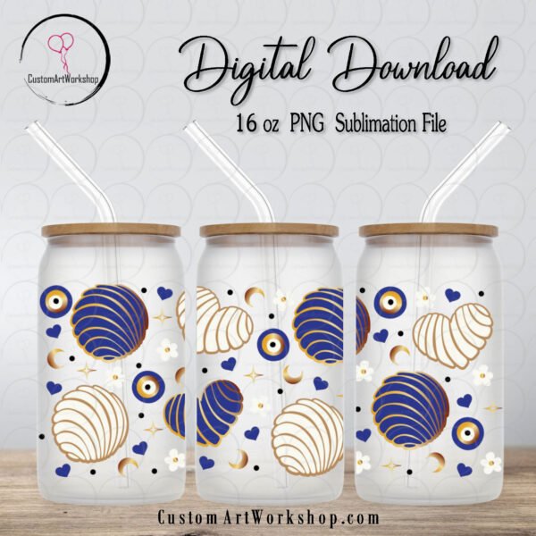 Concha Vibras Blue Evil Eye Mal de Ojo Glass Can Wrap Instant Download