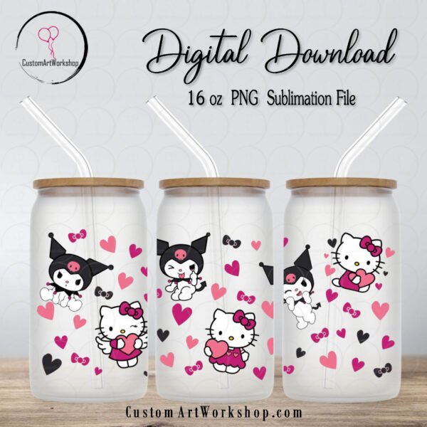 Hello Kitty & Kuromi Heart Glass Can Wrap Instant Download