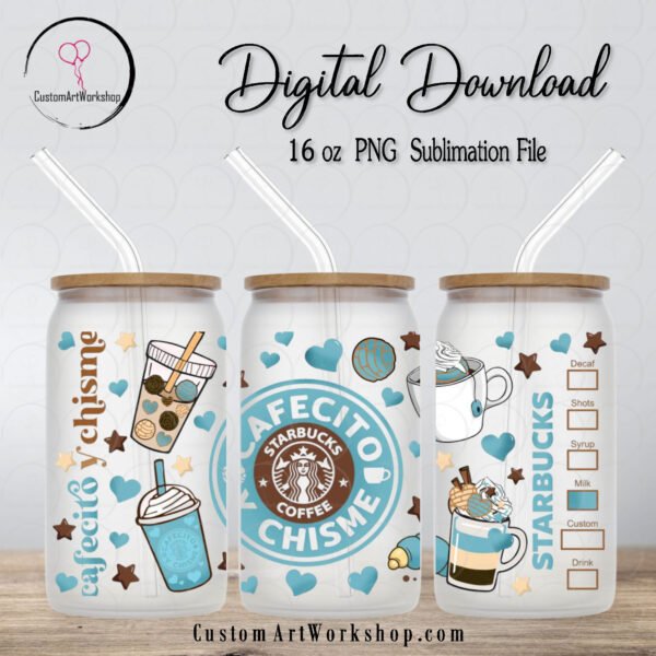 Cafecito y Chisme Starbucks Coffee Blue Glass Can Wrap Instant Download