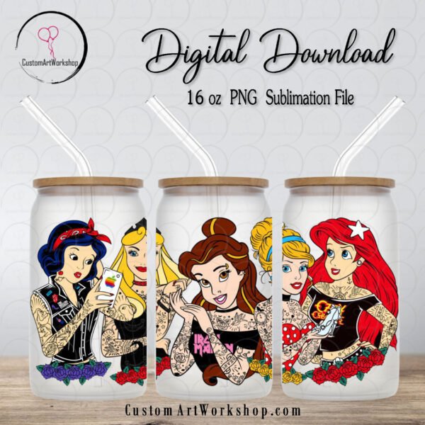 Disney Princess Tattoed Glass Can Wrap Instant Download