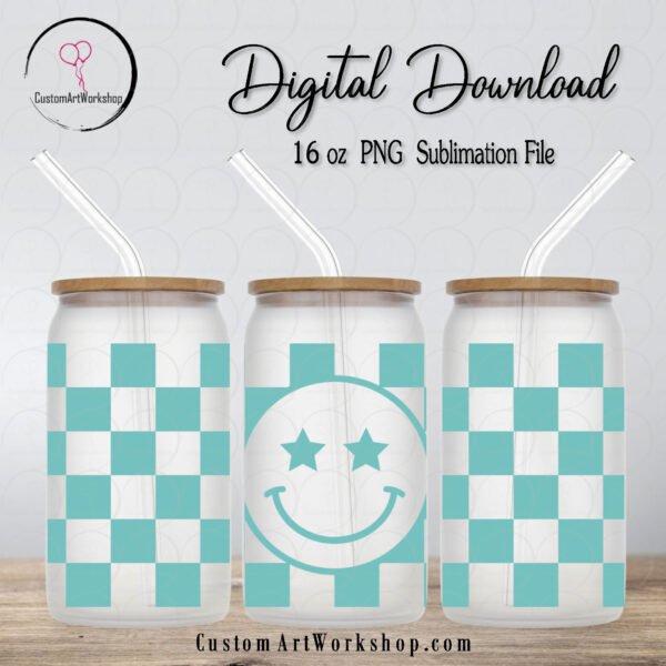 Smiley Face Checkered Turquoise Glass Can Wrap Instant Download