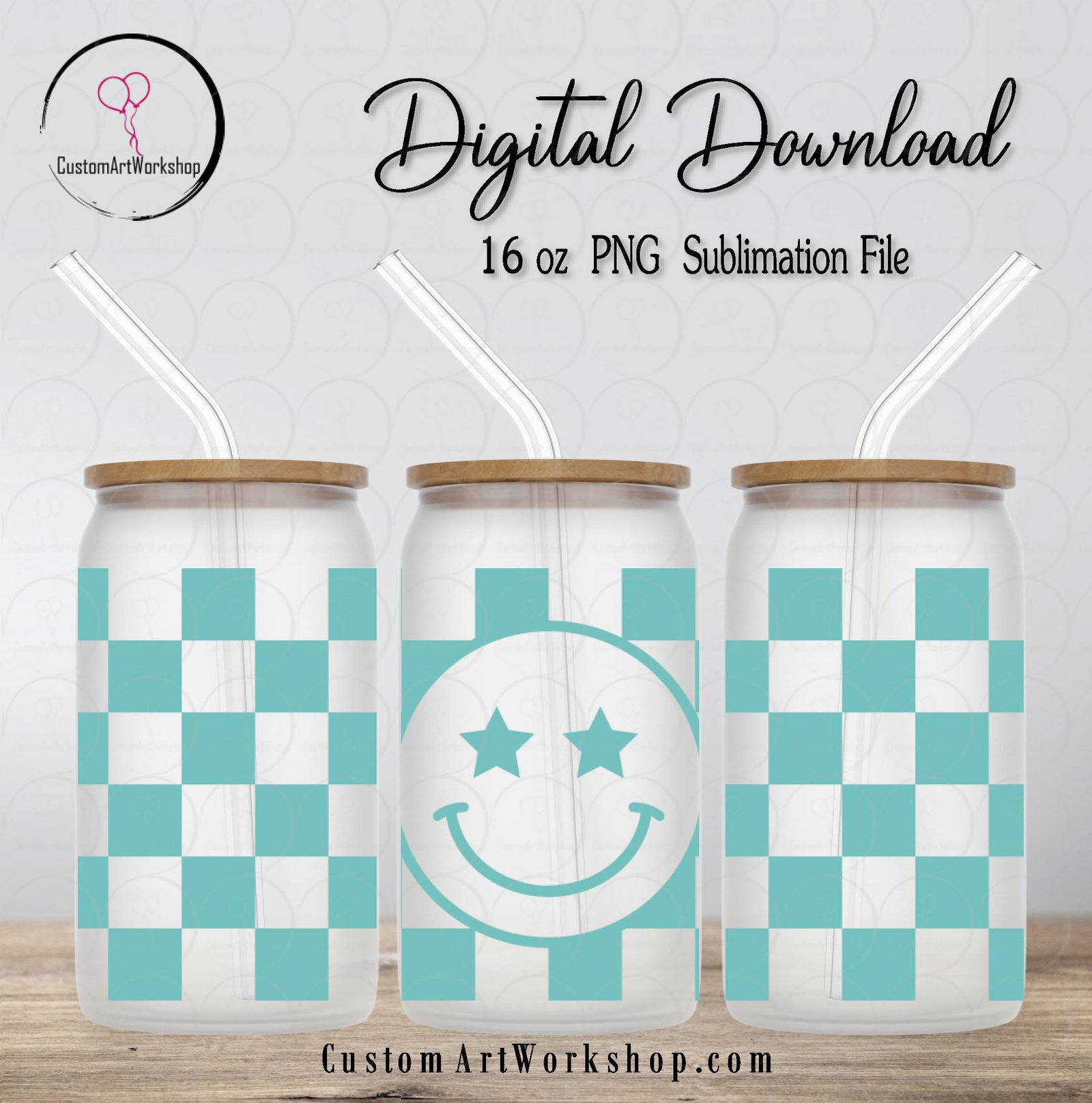 Smiley Face Checkered Turquoise Glass Can Wrap Instant Download 1 Smiley Face Checkered Turquoise Glass Can Wrap Instant Download