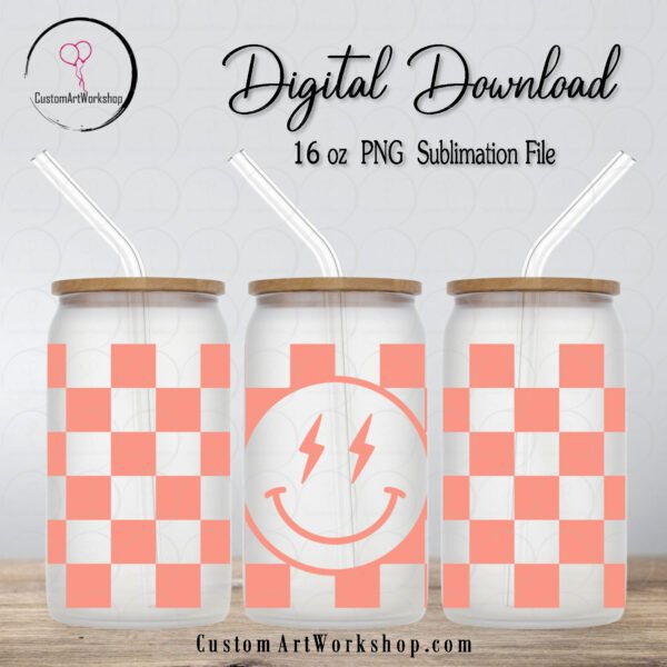 Smiley Face Checkered Peach Glass Can Wrap Instant Download