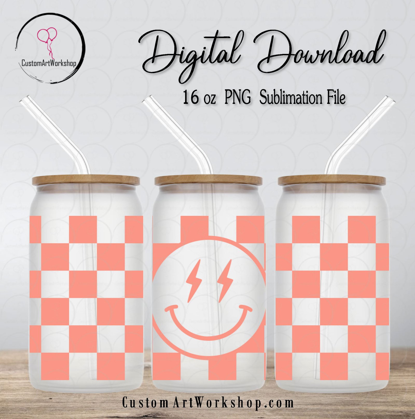 Smiley Face Checkered Peach Glass Can Wrap Instant Download 1 Smiley Face Checkered Peach Glass Can Wrap Instant Download