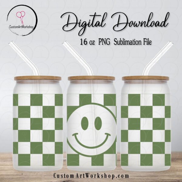 Smiley Face Checkered Green Glass Can Wrap Instant Download
