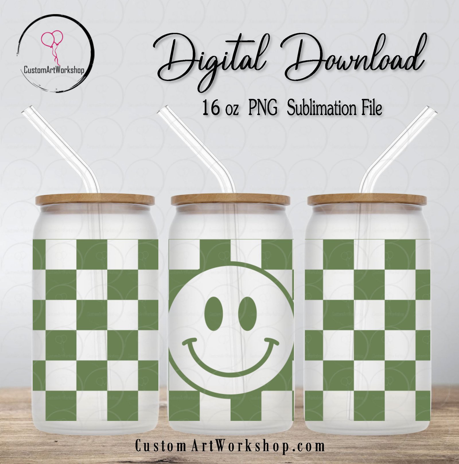 Smiley Face Checkered Green Glass Can Wrap Instant Download 1 Smiley Face Checkered Green Glass Can Wrap Instant Download