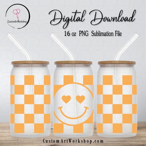 Smiley Face Checkered Orange Glass Can Wrap Instant Download