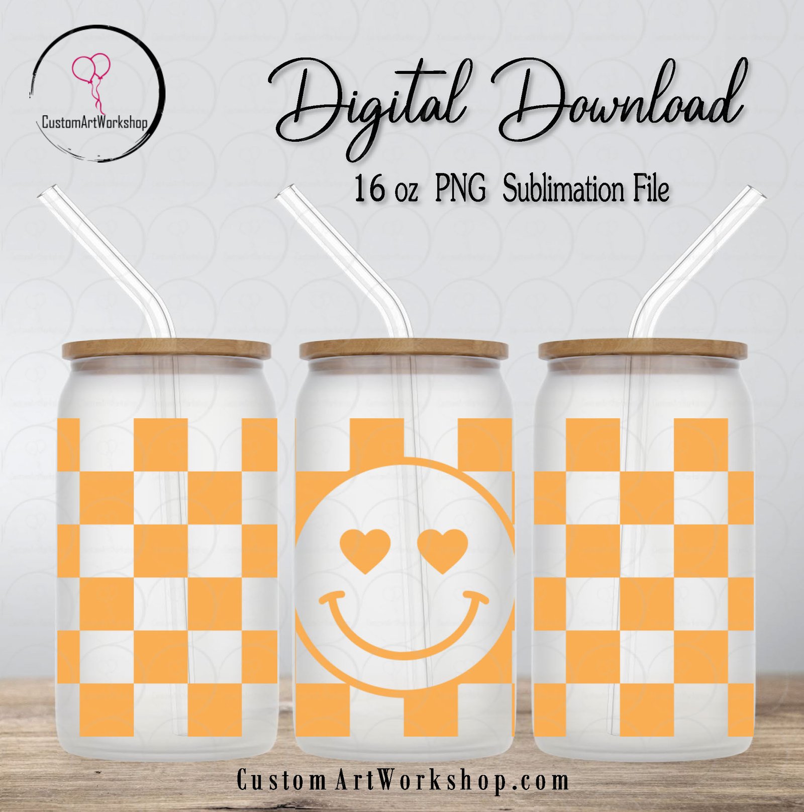 Smiley Face Checkered Orange Glass Can Wrap Instant Download 1 Smiley Face Checkered Orange Glass Can Wrap Instant Download