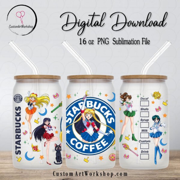Sailor Moon Starbucks Coffee Glass Can Wrap Instant Download