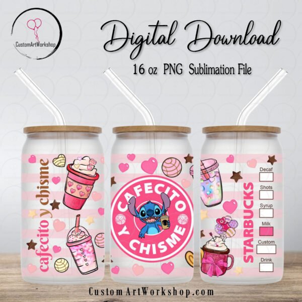 Stitch Cafecito y Chisme Glass Can Wrap Instant Download
