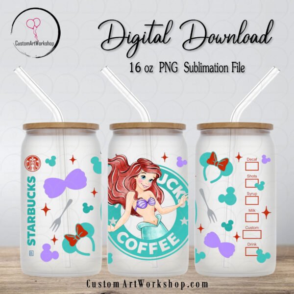 Princess Ariel Amazing Little Mermaid Starbucks Coffee Glass Can Wrap Instant Download