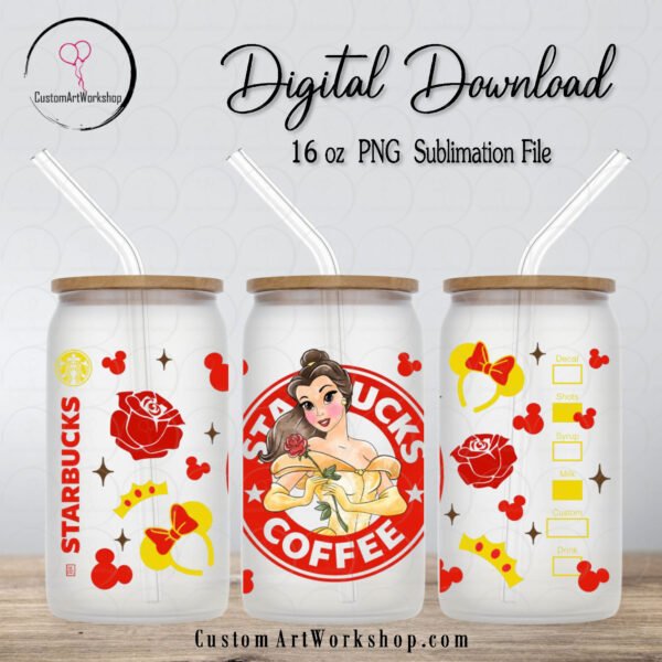 Princess Belle Beauty Starbucks Coffee Glass Can Wrap Instant Download