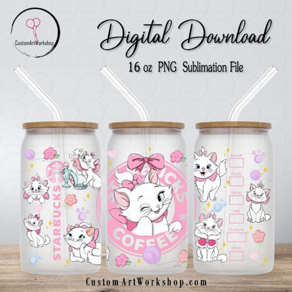 Marie the Cat Starbucks Aristocats Glass Can Wrap Instant Download