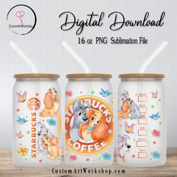 Lady and the Tramp Starbucks Glass Can Wrap Instant Download