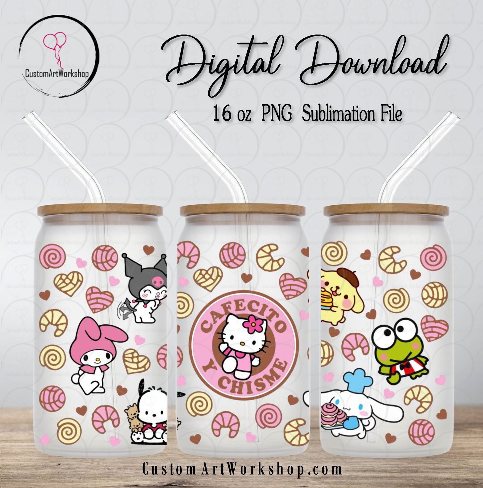 Hello Kitty Cafecito y Chisme Sanrio Friends Glass Can Wrap Instant Download 1 Hello Kitty Cafecito y Chisme Sanrio Friends Glass Can Wrap Instant Download