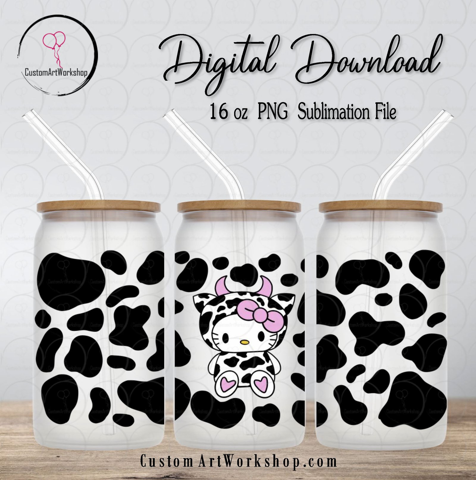 Hello Kitty Cow Glass Can Wrap Instant Download 1 Hello Kitty Cow Glass Can Wrap