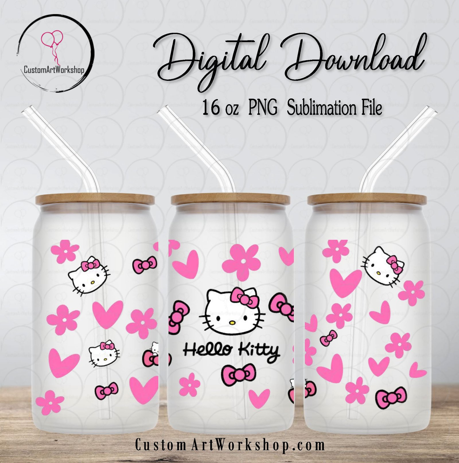 Hello Kitty Hearts and Flowers Glass Can Wrap Instant Download 1 Hello Kitty Hearts and Flowers Glass Can Wrap Instant Download