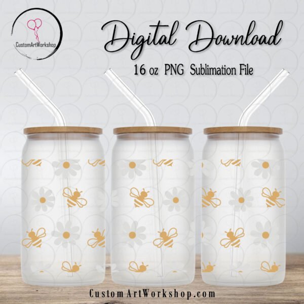 Home 6 Honey Bee and Daisy Glass Can Wrap Instant Download