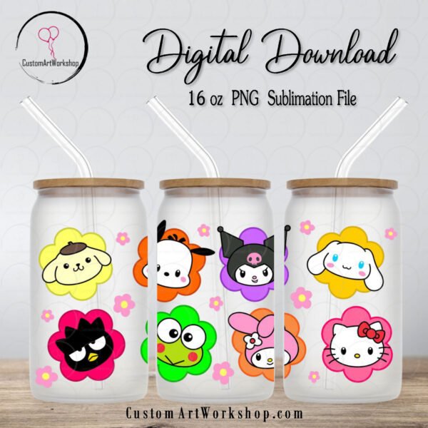 Sanrio Friends Floral Glass Can Wrap Instant Download