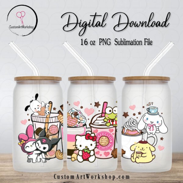 Sanrio Hello Kitty Friends Cafecito y Chisme Glass Can Wrap Instant Download