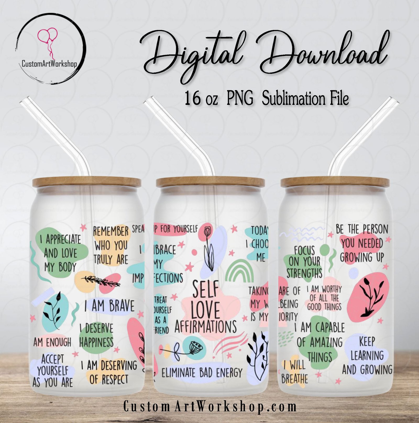 Self Love Affirmations Glass Can Wrap Instant Download 1 Self Love Affirmations Glass Can Wrap Instant Download
