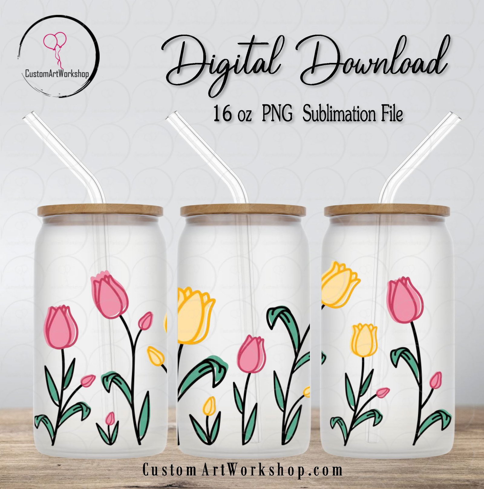 Tulip Flower Glass Can Wrap Instant Download 1 Tulip Flower Glass Can Wrap Instant Download