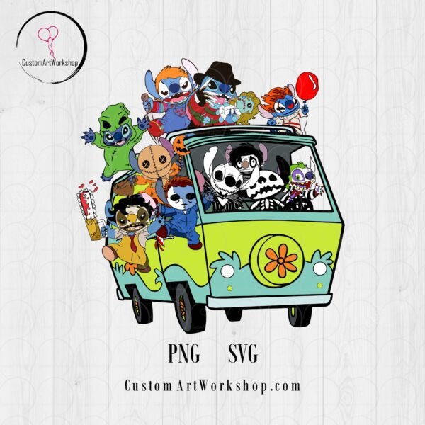 Halloween Stitch Villains in Retro Van Animated Digital File Instant Download